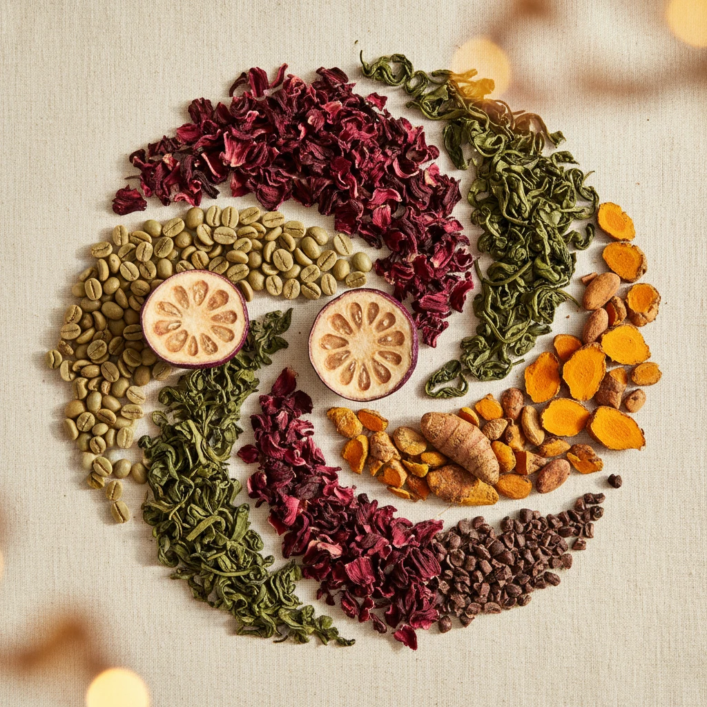 Flat lay of diverse botanical ingredients from 4 continents - coffee beans, hibiscus, green tea, garcinia - natural energy supplement morning routine UK